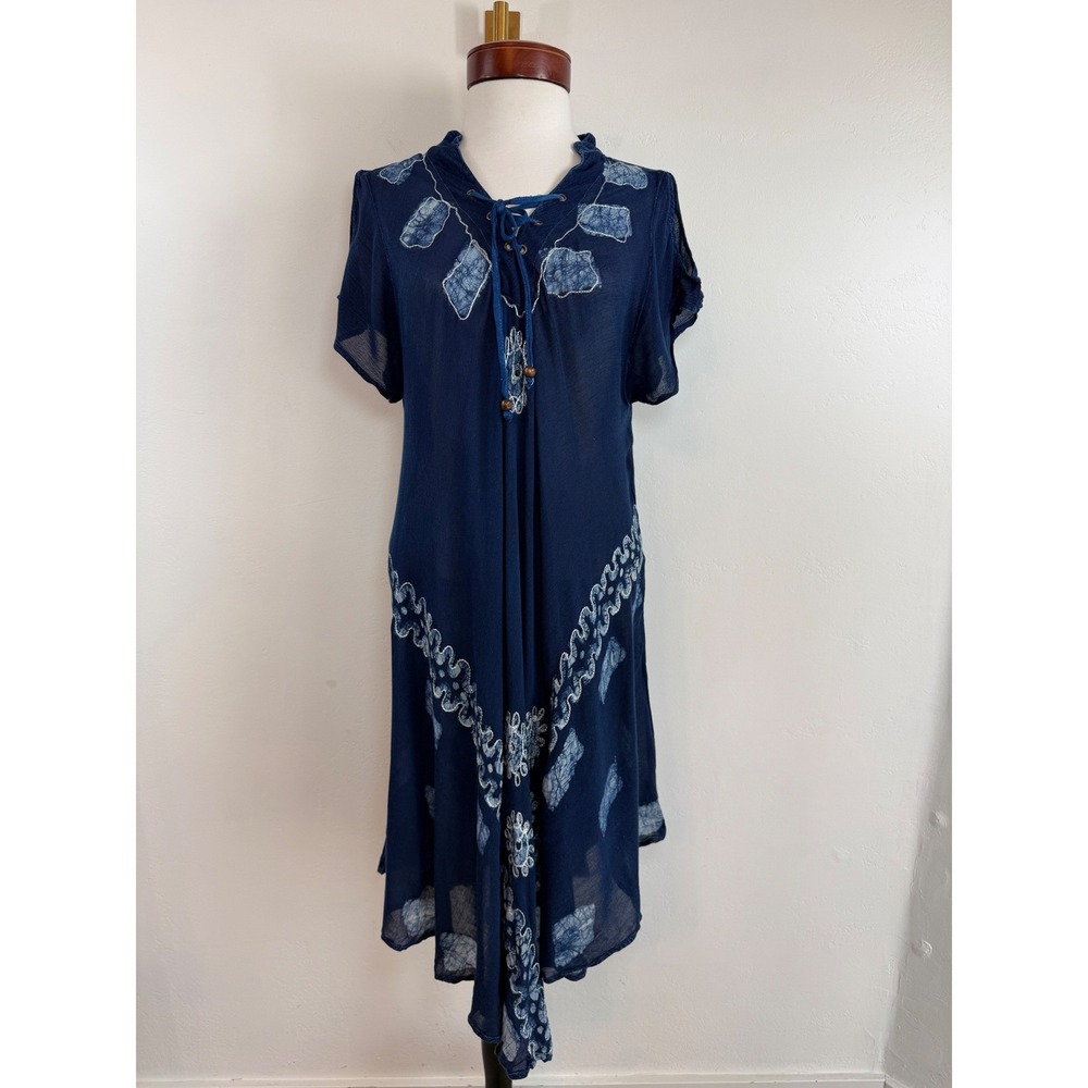 INGEAR Resort Beach Cover Up Dress‎ Blue Batik Embroidered Boho Festival Pool OS